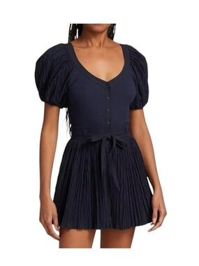 Ulla Johnson Navy Pleated Short Jumpsuit with Puff Sleeves